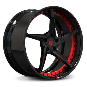 Custom forged 5 spoke concave wheel with black and red finish, designed for c8 Corvette Z51 and aftermarket applications.